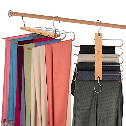 TECHZOO Pants Hangers 2 Pack, Space Saving Wood Closet Hangers - Perfect for Clothes Organization Like Jeans, Tie, Pants, Skirt & Scarf, Space Saver Closet Organizer - Natural Wood Hanger