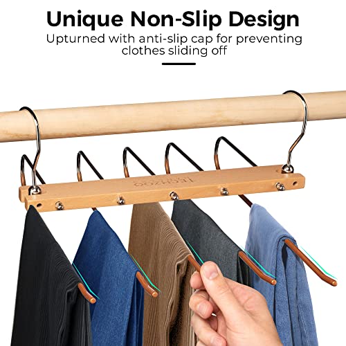 TECHZOO Pants Hangers 2 Pack, Space Saving Wood Closet Hangers - Perfect for Clothes Organization Like Jeans, Tie, Pants, Skirt & Scarf, Space Saver Closet Organizer - Natural Wood Hanger