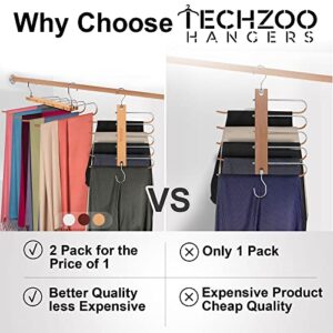 TECHZOO Pants Hangers 2 Pack, Space Saving Wood Closet Hangers - Perfect for Clothes Organization Like Jeans, Tie, Pants, Skirt & Scarf, Space Saver Closet Organizer - Natural Wood Hanger