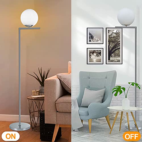 KARMIQI Globe Floor Lamp Mid Century Standing Lamp Modern Frosted Glass Tall Lamp Chrom Silver Reading Lamp for Bedroom Office Living Room