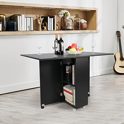 AKVOMBI Folding Dining Table with Storage, Drop Leaf Tables for Small Spaces with Wheels, Space Saving Kitchen Dining Table for Kitchen & Dining Room, Black