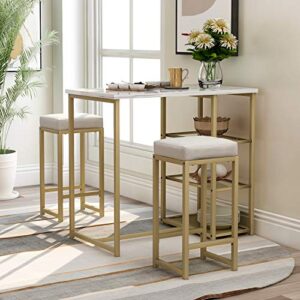 tiokop table & chair 3-piece modern faux marble countertop/bar stools/storage shelves, breakfast chair home kitchen pub, living room furniture (white/gold), dining table set