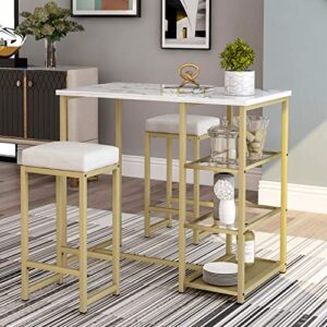 Tiokop Table & Chair 3-Piece Modern Faux Marble Countertop/Bar Stools/Storage Shelves, Breakfast Chair Home Kitchen Pub, Living Room Furniture (White/Gold), Dining Table Set