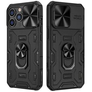 vego for iphone 14 pro max case, iphone 14 pro max kickstand case with slide camera cover built-in 360° rotate ring stand magnetic shockproof phone cover case for iphone 14 pro max 6.7" 2022 - black