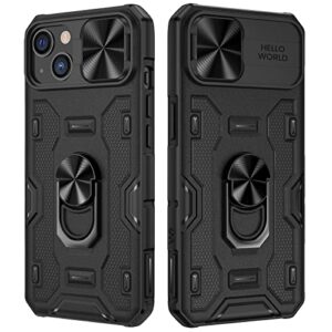 vego for iphone 14 plus case, iphone 14 plus kickstand case with slide camera cover built-in 360° rotate ring stand magnetic shockproof phone cover case for iphone 14 plus 6.7 inches 2022 - black
