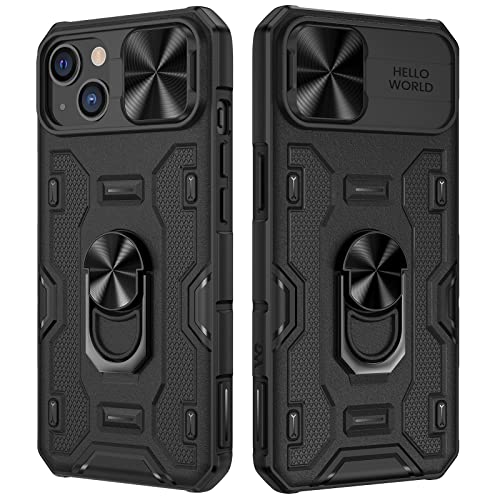 VEGO for iPhone 14 Plus Case, iPhone 14 Plus Kickstand Case with Slide Camera Cover Built-in 360° Rotate Ring Stand Magnetic Shockproof Phone Cover Case for iPhone 14 Plus 6.7 inches 2022 - Black