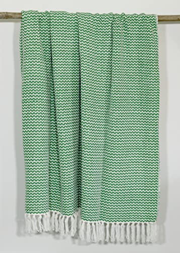 Woven Virtues Modern Hand-Woven Throw Blanket, 50" x 60", Green and White, Light, Luxurious and Soft