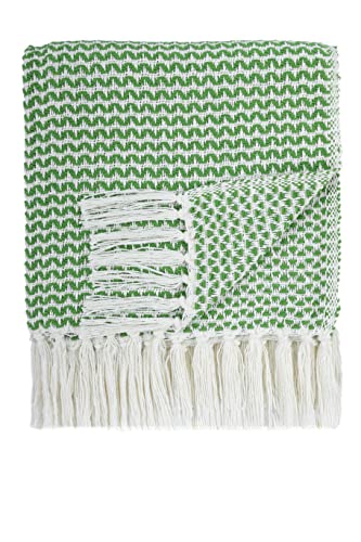 Woven Virtues Modern Hand-Woven Throw Blanket, 50" x 60", Green and White, Light, Luxurious and Soft