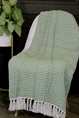 Woven Virtues Modern Hand-Woven Throw Blanket, 50" x 60", Green and White, Light, Luxurious and Soft