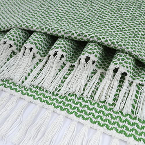 Woven Virtues Modern Hand-Woven Throw Blanket, 50" x 60", Green and White, Light, Luxurious and Soft