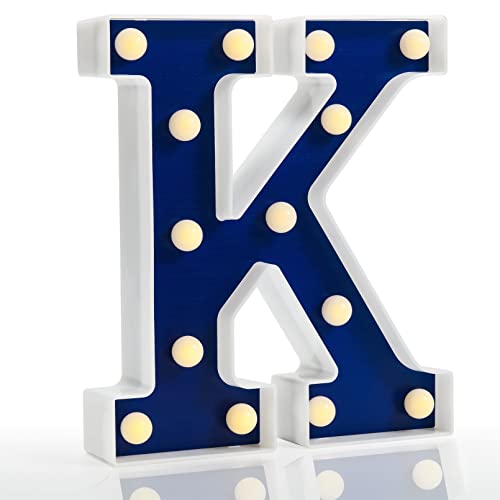 Pooqla LED Letter Lights, Light Up Marquee Letters, Blue Lighted Letters Alphabet Sign Battery Powered for Home Bedroom Party Bar Birthday Decoration Christmas Gift, Navy Blue Letter K