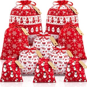 10 pcs christmas drawstring gift bags with tags, red and white xmas gift bags assorted sizes bulk, large medium small holiday gift bags fabric wrapping bags for xmas presents party favors decor goody…