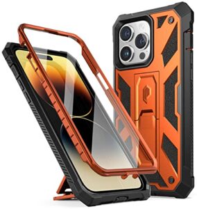 poetic compatible with iphone 14 pro max case, spartan phone case for iphone 14 pro max, full body leather texture shockproof protective cover with screen protector and kickstand, metallic orange