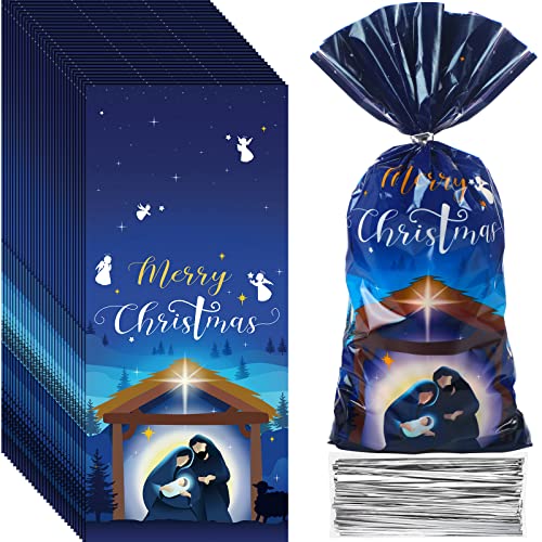 Funrous 100 Pack Holy Nativity Cellophane Gift Bag Religious Christmas Plastic Treat Bag Xmas Nativity Cello Goody Bags with Ties for Kids Birthday Party Christmas Party Decorations Supplies