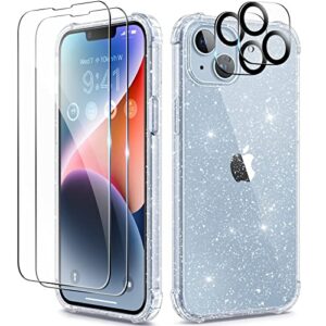 berfy for iphone 14 case glitter, with 2x screen protector + 2x camera lens protector, [not yellowing] sparkly crystal shockproof hard back slim protective phone cover for women, 6.1" (glitter clear)