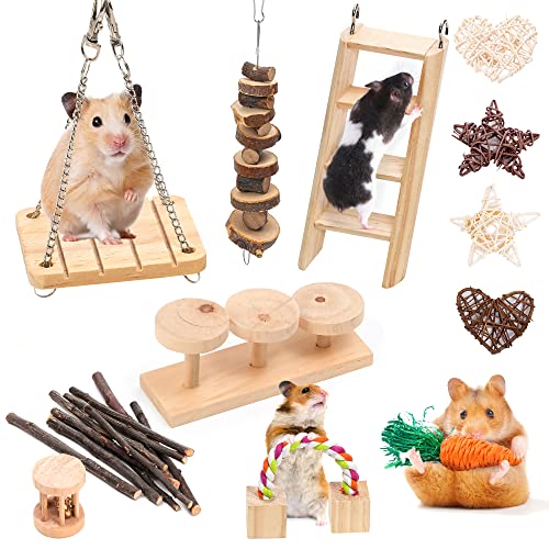 Smangy Hamster Toys 12pcs, Guinea Pig Toys, Wooden Hamster Accessories for cage, Guinea Pig Chew Toys, Chinchilla Toys and Apple Wood Sticks Molar Teeth Care for Dwarf Hamsters, Gerbil, Rabbit, Bunny