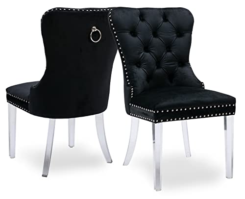 Kmax Velvet Elegant Upholstered Dining Chairs, Armless Accent Chair with Ring Pull Acrylic Legs, Set of 2 - Black