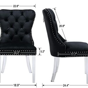 Kmax Velvet Elegant Upholstered Dining Chairs, Armless Accent Chair with Ring Pull Acrylic Legs, Set of 2 - Black