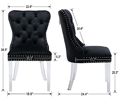 Kmax Velvet Elegant Upholstered Dining Chairs, Armless Accent Chair with Ring Pull Acrylic Legs, Set of 2 - Black