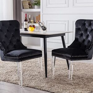 Kmax Velvet Elegant Upholstered Dining Chairs, Armless Accent Chair with Ring Pull Acrylic Legs, Set of 2 - Black