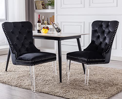 Kmax Velvet Elegant Upholstered Dining Chairs, Armless Accent Chair with Ring Pull Acrylic Legs, Set of 2 - Black