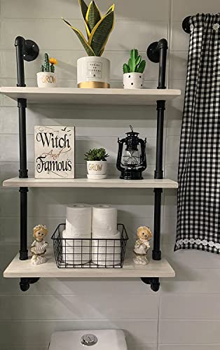 HDDFER Industrial Pipe Shelving Rustic White Pipe Wall Shelves Industrial Bathroom Shelves with Wood Planks Industrial Floating Shelves 24 Inch Farmhouse Bathroom Pipe Shelves Wall Mounted…