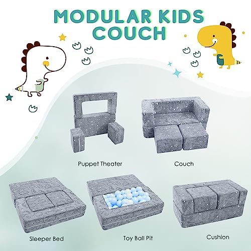 MeMoreCool Kids, Toddler Couch, Glow in The Dark Dinosaur Fold Out Baby Couch, Grey Kids Sofa Play Couch for Playroom, Modular Kid Furniture for Bedroom