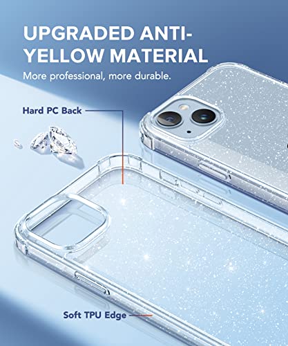 BERFY [5 in 1 for iPhone 14 Plus Case Clear Glitter, with 2X Screen Protector + 2X Camera Lens Protector [Non-Yellowing] Sparkle Bling Hard Shockproof Phone Case for Women Girls 6.7", Shiny Clear