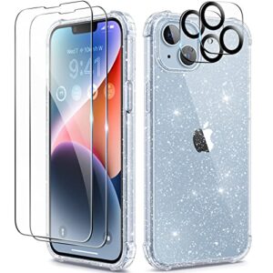berfy [5 in 1 for iphone 14 plus case clear glitter, with 2x screen protector + 2x camera lens protector [non-yellowing] sparkle bling hard shockproof phone case for women girls 6.7", shiny clear