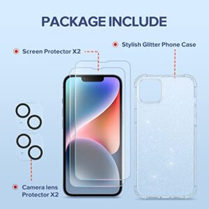 BERFY [5 in 1 for iPhone 14 Plus Case Clear Glitter, with 2X Screen Protector + 2X Camera Lens Protector [Non-Yellowing] Sparkle Bling Hard Shockproof Phone Case for Women Girls 6.7", Shiny Clear