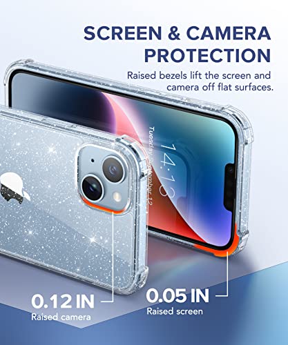 BERFY [5 in 1 for iPhone 14 Plus Case Clear Glitter, with 2X Screen Protector + 2X Camera Lens Protector [Non-Yellowing] Sparkle Bling Hard Shockproof Phone Case for Women Girls 6.7", Shiny Clear