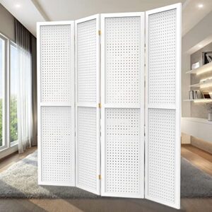 duraspace 4 panel room divider 5.6 ft pegboard display folding wood privacy screen pegboard stand organizer for jewelry, craft, cloth, art display (white)
