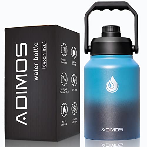 Insulated Water Bottle 64 oz with Handle, Adimos Half Gallon Vacuum Stainless Steel Sports Water Jug Flask Keep Hot and Cold, Leak Proof Wide Mouth BPA-free Double Walled Thermos Mug, Indigo Black