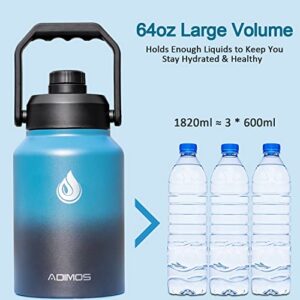Insulated Water Bottle 64 oz with Handle, Adimos Half Gallon Vacuum Stainless Steel Sports Water Jug Flask Keep Hot and Cold, Leak Proof Wide Mouth BPA-free Double Walled Thermos Mug, Indigo Black