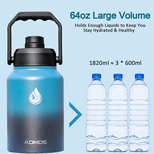 Insulated Water Bottle 64 oz with Handle, Adimos Half Gallon Vacuum Stainless Steel Sports Water Jug Flask Keep Hot and Cold, Leak Proof Wide Mouth BPA-free Double Walled Thermos Mug, Indigo Black