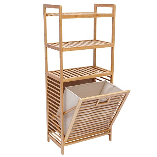 3-Tier Bamboo Laundry Hamper and Shelf with Fabric Bag Floor-standing Dirty Clothes Storage Basket Organizer with Handles for Bedrooms Cabinet Laundry Room 19.7x 11.8x 46.9 in 70lbs Load