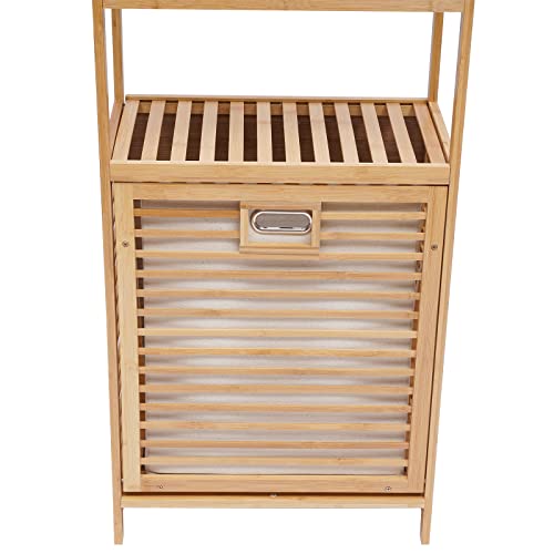 3-Tier Bamboo Laundry Hamper and Shelf with Fabric Bag Floor-standing Dirty Clothes Storage Basket Organizer with Handles for Bedrooms Cabinet Laundry Room 19.7x 11.8x 46.9 in 70lbs Load