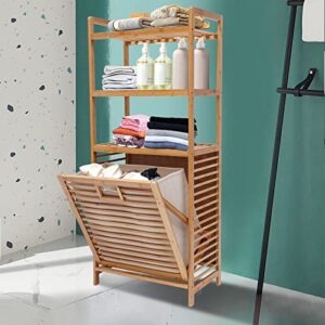 3-Tier Bamboo Laundry Hamper and Shelf with Fabric Bag Floor-standing Dirty Clothes Storage Basket Organizer with Handles for Bedrooms Cabinet Laundry Room 19.7x 11.8x 46.9 in 70lbs Load