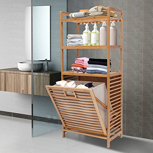 3-Tier Bamboo Laundry Hamper and Shelf with Fabric Bag Floor-standing Dirty Clothes Storage Basket Organizer with Handles for Bedrooms Cabinet Laundry Room 19.7x 11.8x 46.9 in 70lbs Load