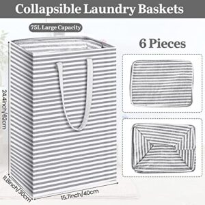 6 Pcs 75l Laundry Hamper Collapsible Laundry Basket Freestanding Laundry Hamper Large Waterproof Clothes Hamper Organizer with Easy Carry Extended Handles for Laundry Room Toys Clothes Storage, Grey