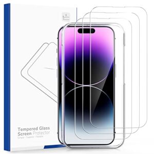syncwire 3-pack screen protector for iphone 14 pro max 6.7 inch, double shatterproof tempered glass [easy installation frame] [9h hardness] [99.99% hd clear] [case friendly] [bubble free]