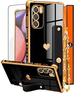 likiyami (3in1 for motorola moto g stylus 5g 2022 case (not fit 4g) heart women girls girly cute luxury pretty with stand phone cases black gold love hearts aesthetic cover+screen+chain for 6.8 inch