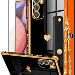 Likiyami (3in1 for Motorola Moto G Stylus 5G 2022 Case (NOT FIT 4G) Heart Women Girls Girly Cute Luxury Pretty with Stand Phone Cases Black Gold Love Hearts Aesthetic Cover+Screen+Chain for 6.8 inch