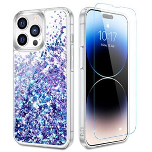 caka designed for iphone 14 pro case, iphone 14 pro case 2022 glitter bling sparkle for women girls liquid floating quicksand cover with screen protector phone case - blue purple