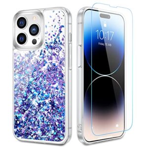 Caka Designed for iPhone 14 Pro Case, iPhone 14 Pro Case 2022 Glitter Bling Sparkle for Women Girls Liquid Floating Quicksand Cover with Screen Protector Phone Case - Blue Purple