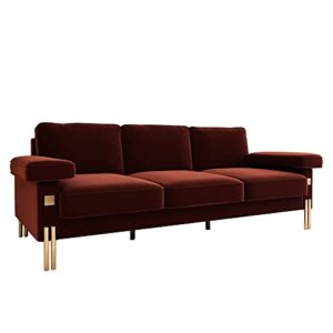 Yoglad Living Room 3 Seat Sofa, Chesterfield Couch with Luxury Golden Metal Legs Decor, Low-Seat Height Upholstered Futon Sofa, for Apartment, Dorm, Reception (93 Inch, Velvet, Wine Red)