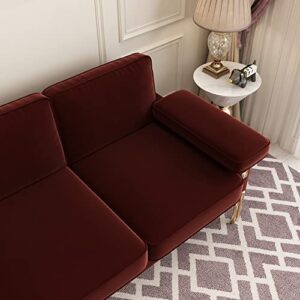 Yoglad Living Room 3 Seat Sofa, Chesterfield Couch with Luxury Golden Metal Legs Decor, Low-Seat Height Upholstered Futon Sofa, for Apartment, Dorm, Reception (93 Inch, Velvet, Wine Red)