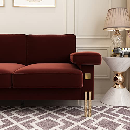 Yoglad Living Room 3 Seat Sofa, Chesterfield Couch with Luxury Golden Metal Legs Decor, Low-Seat Height Upholstered Futon Sofa, for Apartment, Dorm, Reception (93 Inch, Velvet, Wine Red)