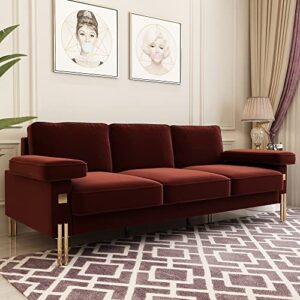 Yoglad Living Room 3 Seat Sofa, Chesterfield Couch with Luxury Golden Metal Legs Decor, Low-Seat Height Upholstered Futon Sofa, for Apartment, Dorm, Reception (93 Inch, Velvet, Wine Red)