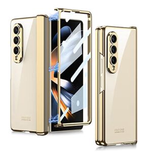 puroom for samsung galaxy z fold 4 case hinge protection ultra thin transparent plating pc crystal cover front glass magnetic all-inclusive case (gold with hinge)